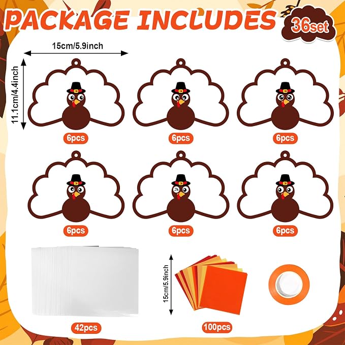 Qyeahkj 36 Set Thanksgiving Turkey Suncatchers Crafts for DIY Fall Window Tissue Paper Craft Kit Autumn Hanging Decor for Harvest Home Activity Art Project Birthday Party Favor Gift