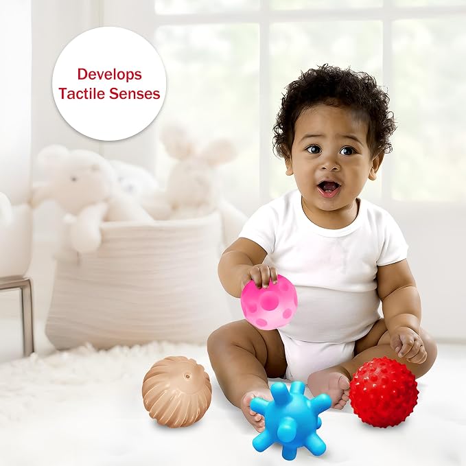 Baby Sensory Balls, 4 Pack Textured Toys for Babies 3 Months+ | Bright Colors, Raised Bumps, Easy to Squeeze, Roll and Grab, Teething Play, Tummy Time & Fine Motor Play, Infant Gift