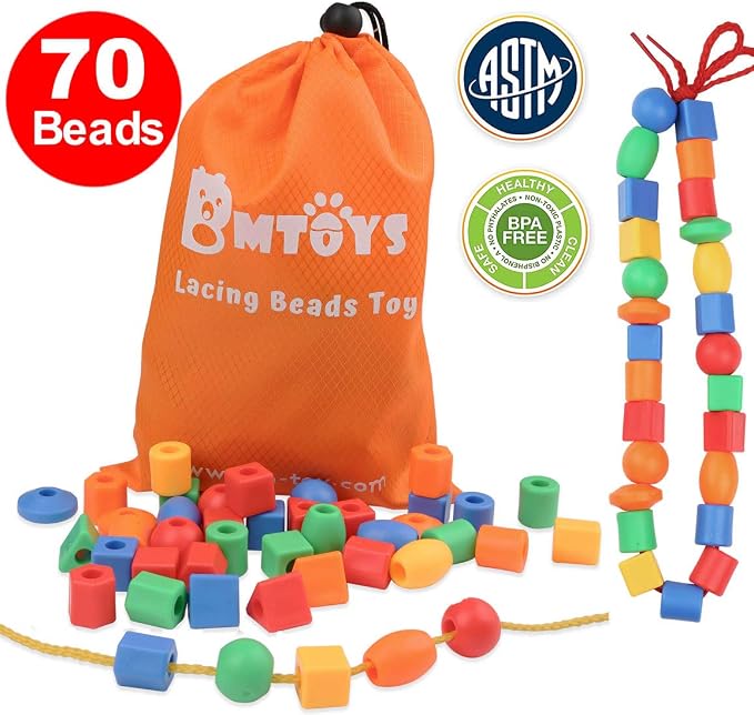BMTOYS Lacing Beads for Kids - 70pcs Threading Beads Occupational Therapy Toys for Kids Fine Motor Skills Developmental Activity OT Toys