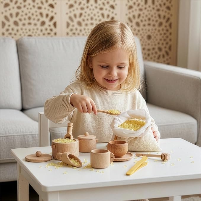 Hiceeden Set of 11 Wooden Sensory Bin Tools for Kids, Sensory Scoops and Tongs Toys with Bag, Waldorf Montessori Toys for Fine Motor Skill Learning