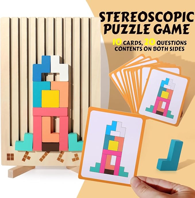 Wooden Colored 3D Russian Block Puzzle Jigsaw Stacking Montessori Toys Educational Gift for Boys and Girls Board Game for Toddlers Brain Blocks Teasers for Toddlers 3-6 Years
