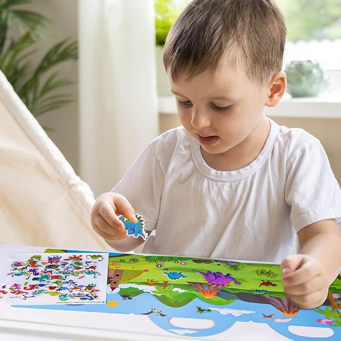 ASTARON Reusable Sticker Book for Toddlers, 88 Pcs Dinosaur Stickers Road Trip Activities Car Airplane Activities Travel Toys for Kids, Kids Quiet Time Activities (2-6 Age) | 88 pcs Reusable Sticker,Waterproof Jelly Stickers, Portable Travel Toys,Educa...