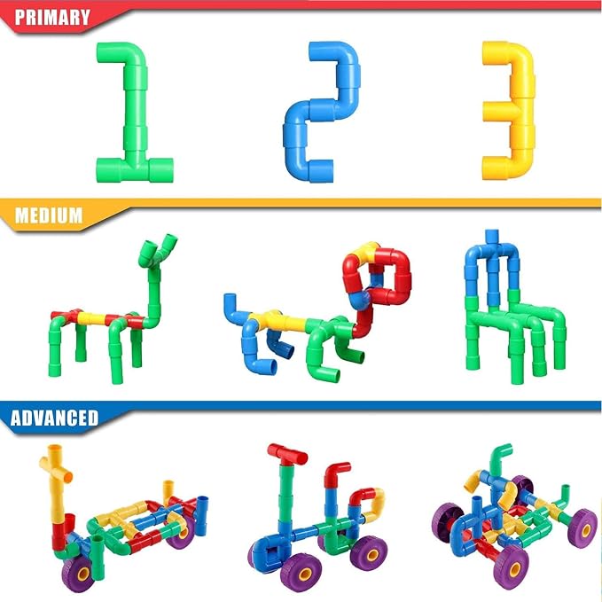 ZOZOPLAY STEM Learning Toy Tubular Pipes & Spouts & Joints 96 Piece Build Bicycle, Tank, Scootie, Moter Skills Endless Designs Educational Building Blocks Set for Kid Ages 3+ Multicolor | 96 pipes, spouts, and joints for kids 3+ to build vehicles while...