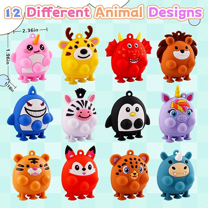 12PCS Animal Suction Popper Fidget Toys, Travel Toys for Airplane Car Activities, Silicone Sensory Toys, Birthday Party Favors for Kids, Pinata Stuffers for Kids, Preschool Classroom Prizes