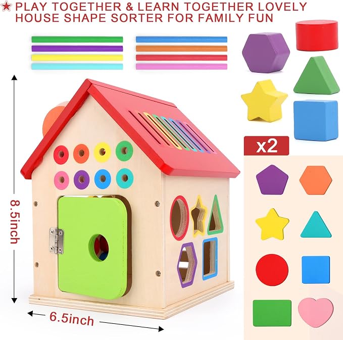 Wooden Shape Sorter Activity Cube, Montessori Toy for Toddlers 3+ Years Old | Multi-Functional Busy House Baby Color Sorting Educational Learning Toy, Birthday Gifts for Boys Girls