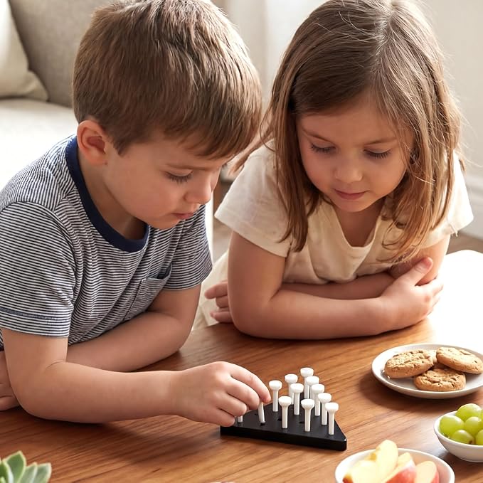 Zhanmai 10 Sets Wooden Triangle Peg Travel Game, White Peg Black Board