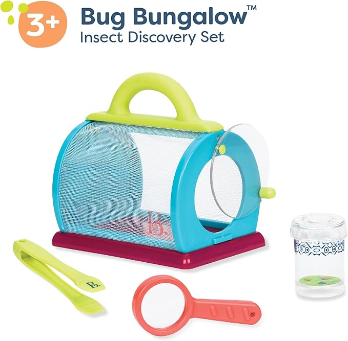 B. toys Bug Bungalow Bug Catching Kit with Mesh Bug House Case, Summer | 4-piece insect catching kit with mesh case, magnifying container, tweezers, magnifier, carry handle for nature play, 3+ Years