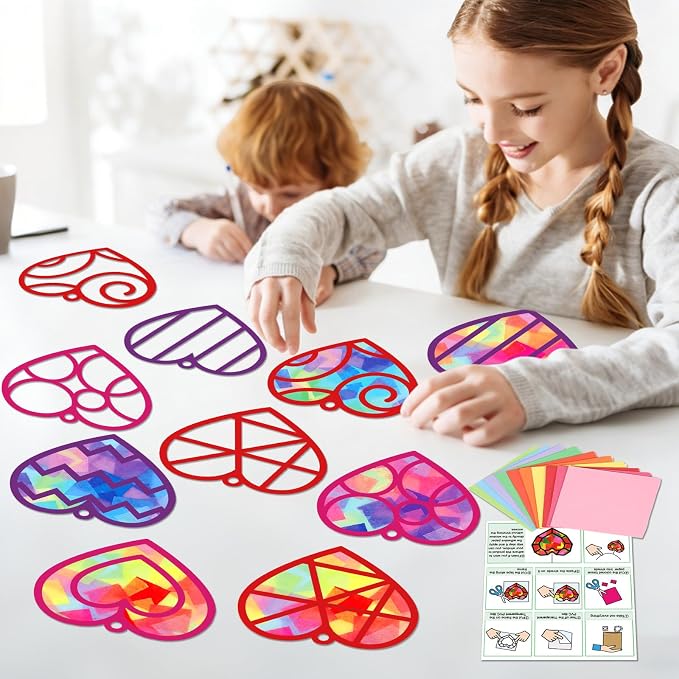 Qyeahkj 36 Set Valentine's Day Suncatchers Craft Kit DIY Heart Window Stained Glass Effect Paper Pink Love Window Tissue Paper Craft Home Decor Valentines Art Supplies Favor Gift