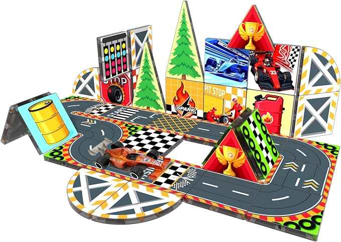 Magnetic Tiles Magnetic Building Blocks for Kids Ages 3-5 4-8, STEM Montessori Preschool Classroom Must Haves, Toddler Sensory Educational Toys for Boys Girls, Christmas Birthday Gift (Racing Car)