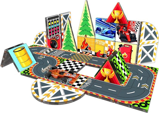 Magnetic Tiles Magnetic Building Blocks for Kids Ages 3-5 4-8, STEM Montessori Preschool Classroom Must Haves, Toddler Sensory Educational Toys for Boys Girls, Christmas Birthday Gift (Racing Car)