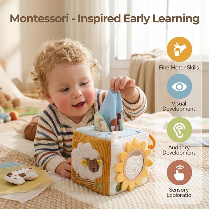 let's make Baby Tissue Box Toy, Farm Montessori Sensory Toys 6-12 Months, Play Silks & Crinkle Tissues with 3D Corduroy, Mirror, Squeaky Cow & Travel Clip - Fine Motor Skills Baby Girl Boy Gifts