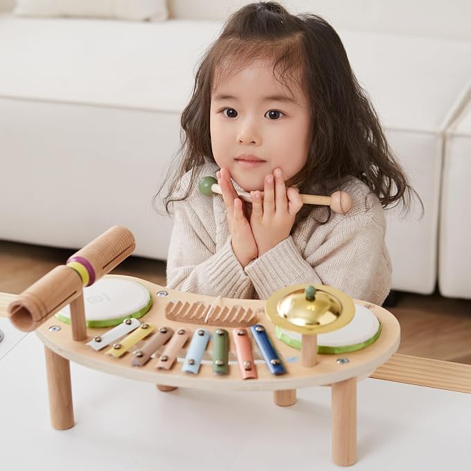 Asweets 7 in 1 Kids Drum Set for Toddlers | Wooden Xylophone Musical Instruments Kit for Toddler, Baby Drum Set Montessori Toys Sensory Toys Birthday Gifts (Moon)