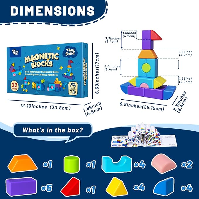 Pairez Toys Large Magnetic Building Blocks for Kids, 22pcs Magnet Toys | Toddlers Magnet Blocks in 8 Shapes & 8 Colors, 1.65in Large Building Set, Preschool Learning Toy for Boys & Girls Ages 3+
