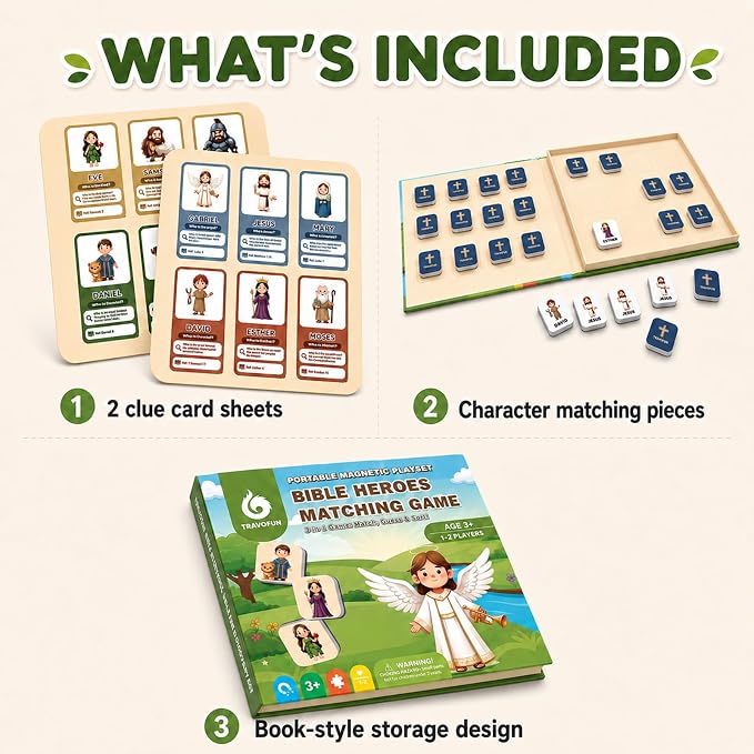 Travofun Magnetic Bible Matching Game, Memory & Clue Cards, Ages 4-8 | Magnetic memory matching with Bible character clue cards for church, Sunday school, family learning and travel.
