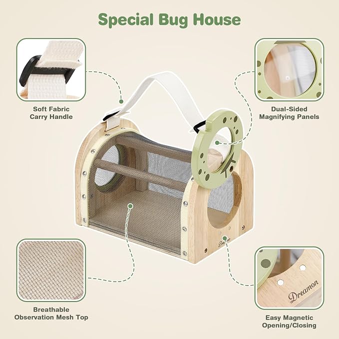 Wooden Kids Bug Catching Kit, Dreamon 11 Pcs Outdoor Toys for Kids Ages 4-8 | STEM Educational Toy Gifts Kids Explorer Kit with Wooden Bug Habitat, Bug Vacuum, Butterfly Net, Compass and Magnifying Glass