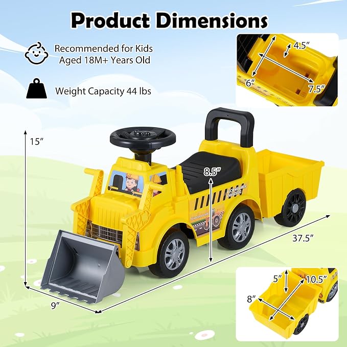 HONEY JOY Ride On Tractor with Trailer, Kids Excavator Bulldozer with Shovel, Seat Storage, Engine Sound, Music, Manual Control Bucket, Ride On Construction Vehicle for Toddlers Boys Girls, Yellow