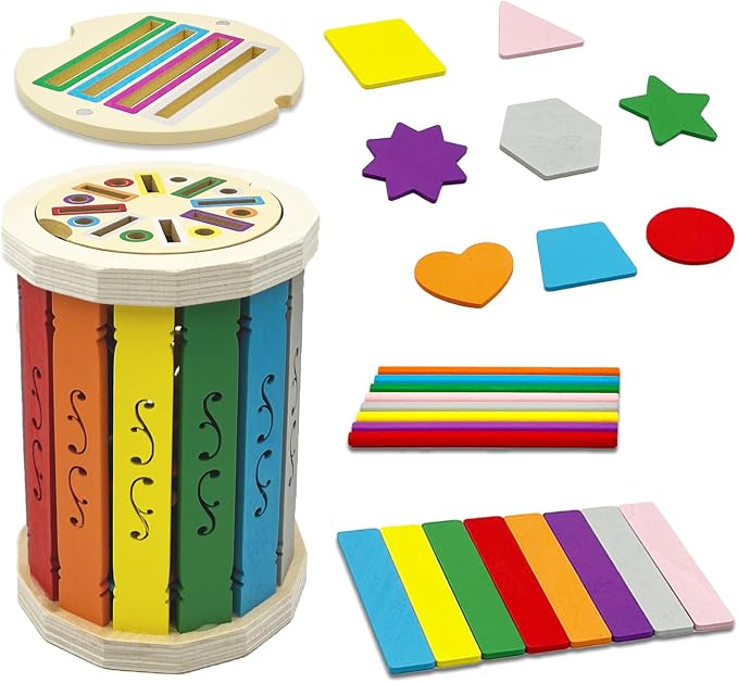 Montessori Wooden Stick Color Sorting Toys for 18+ Month, Dual Play Educational Preschool Learning Fine Motor Skills Sensory Toys for Toddlers 3-5 Year Girl Boy Birthday Gifts (Rainbow Bucket)