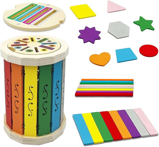 Montessori Wooden Stick Color Sorting Toys for 18+ Month, Dual Play Educational Preschool Learning Fine Motor Skills Sensory Toys for Toddlers 3-5 Year Girl Boy Birthday Gifts (Rainbow Bucket)