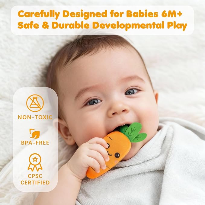 Montessori Sensory Toy for 1 Year Old, Fruit Vegetable Learning Sensory Toy | Color Sorting Play Food Set with Crinkle & Rattle, Fine Motor Skills Toy, Gift for 1 2 3 Year Old Boys & Girls