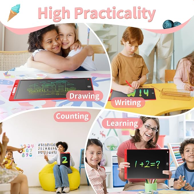 Genialba LCD Writing Board 12 Inches, Colourful Electronic Tablet, Portable Erasable Drawing Board, Graphic Tablet for Children's Games 3 4 5 6 7 Year Old Kid Boys Girls (Red)