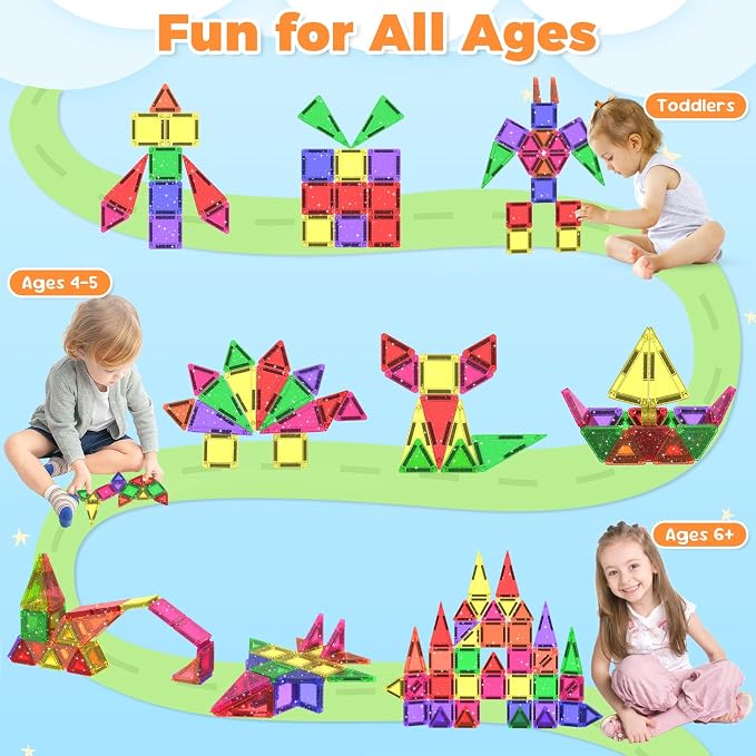 46PCS Glitter Mini Magnetic Tiles Travel Set with Storage Case | Portable Magnetic Blocks Building Toys for Toddlers Kids Ages 4-8, Classroom STEM Learning Toys for Boys Girls Birthday Gift
