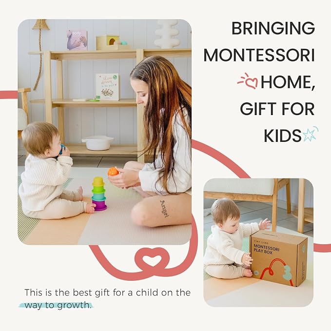 Tiny Land Montessori Toy Set for Babies 7-9 Months Senser Play Kit - 5-in-1 Wooden Learning Toys with Object Permanence Box, Sensory Ball, Stacking Cups and Mirror Puzzle,Body Board Book | Object permanence box, sensory ball, stacking cups, mirror puzz...