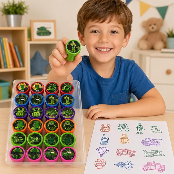 Cinrobiye 24 Pcs Military Stampers for Kids, Pre-Inked Army Soldier Stamp Set, Military Birthday Party Favors, Classroom Rewards, Goodie Bag Fillers, Treasure Box Prizes, Carnival Supplies
