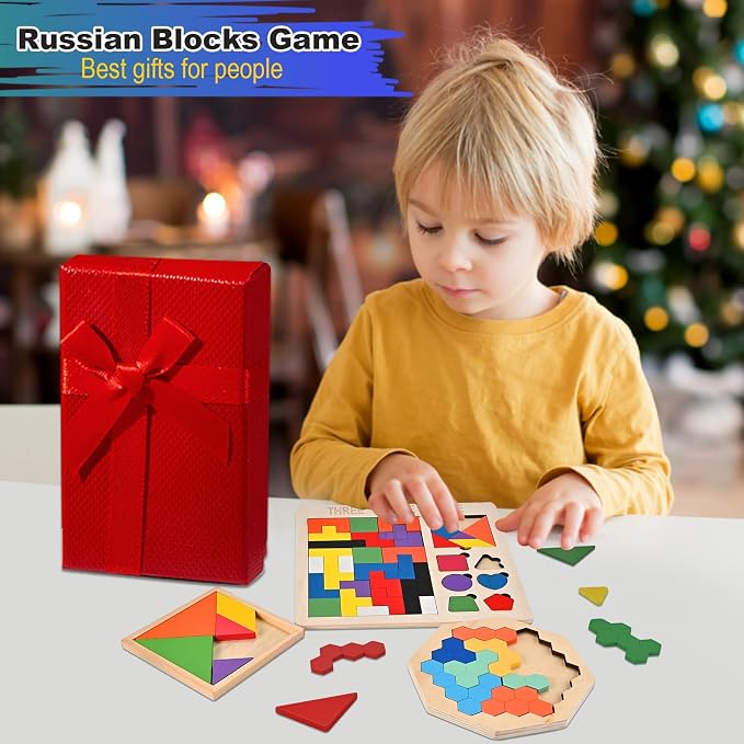 3 PCS Wooden Block Puzzle, Brain Teaser Puzzles for Kids & Adults | Wooden Puzzle Toys with 3-in-1 Russian Blocks Puzzle, Octagon Puzzle, Tangram Puzzles, Montessori STEM Educational Gift Toys