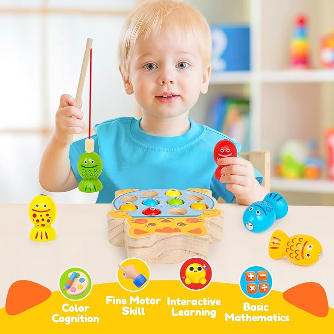 Montessori Wooden Magnetic Fishing Game for Kids 3+ | Wood Fishing Toy Early Learning Fine Motor Skills,Hand-eye Coordination,Birthday Gift for Boys and Girls.