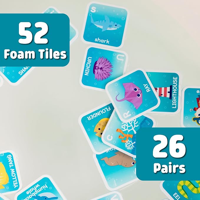 Chuckle & Roar Bath Matching Memory Game, Toddler Games, 52 Pc, Ages 3+ | ABC Letter Practice, Uppercase & Lowercase Letter Match, Drawstring Bag, Bathtub Pool & Dry Play, Foam Pieces Float & Stick