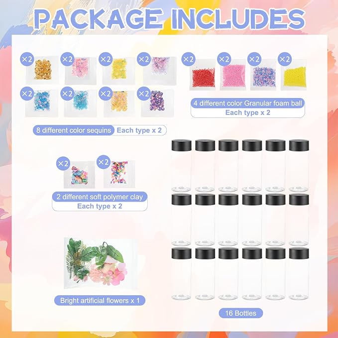YEXEXINM 16 Pcs Empty Sensory Bottles Kits, 300 ml Leakproof Clear Plastic Sensory Bottles with Lids with Sequins Accessories, Reusable Water Bottles for Sensory Crafts Handmade Party Supply