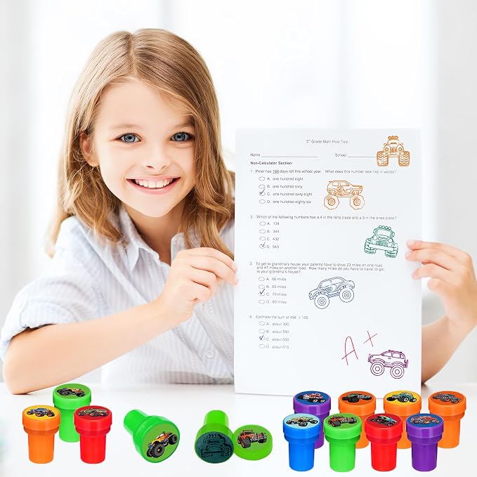Cinrobiye 24 Pcs Monster Truck Stampers Party Favor Set, Cute Racing Truck Stamps for Kids Birthday Party, Classroom Rewards, Goody Bag Fillers, Car Racing Party Supplies, Monster Truck Themed Toys