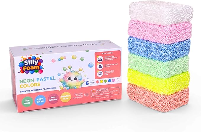 Silly Foam, Creative Modeling Foam Beads, 1-Pack of 6 Neon Pastel Colors, Perfect for Preschool and Kids, Arts & Crafts, Sensory Play, STEM, Travel Toy, Easter Basket Stuffers, Non-Toxic (Age 3+)