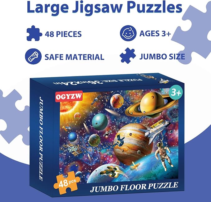 Jumbo Floor Puzzles for Kids Ages 4-6, 48 Pieces Solar System Puzzles | Extra-Thick Large Piece Floor Puzzles for Kids Ages 3-5, Preschool Educational Learning Planet Toys, Gift for Boys & Girls