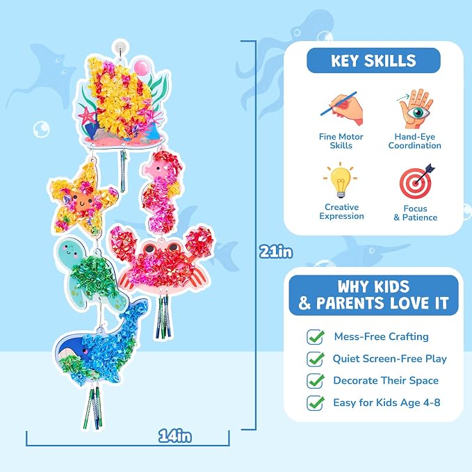 JoyCat Poke Art Wind Chime Craft Kit for Kids, 6 Ocean Figures | Poke colorful fabric into 6 ocean figures, then add chime pieces to create hanging room decor with gentle sound.
