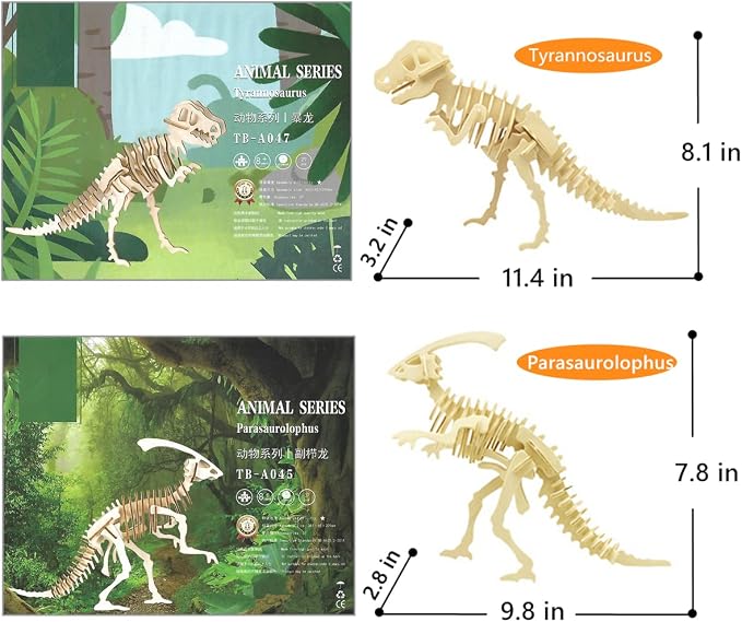 3D Wooden Dinosaur Puzzle - 6 Piece Set Wood Dinosaur Skeleton Model Puzzle - DIY Wooden Crafts 3D Puzzle - STEM Brain Teaser Puzzle Gifts