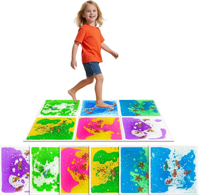 Liquid Sensory Floor Tiles for Toddlers 3+: 12" Ocean Mats, 6 Pack | Sea Creatures Move Through Colorful Liquid with Each Step for Ocean Sensory Play, Movement Games, Playrooms, and Classrooms