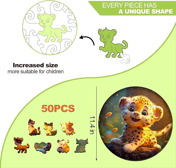 Wooden Puzzles for Kids Ages 6-8, Cute Leopard (50 Pieces) | Unique Animal Wooden Jigsaw, Irregular Cutouts, Home Decor Educational Toy & Christmas Kids Gift, 11.4*11.4 In