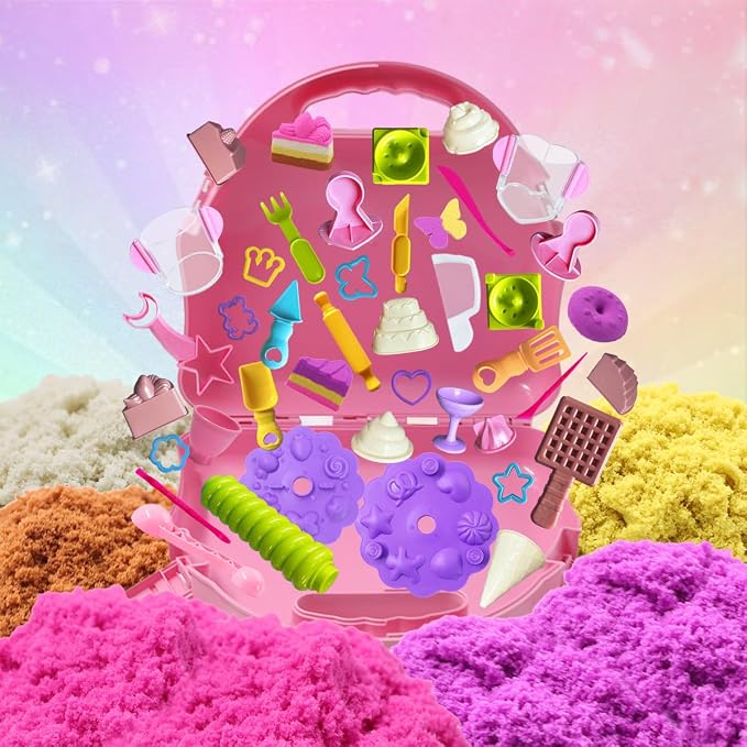 Bakery Sensory Sand Kit - 40PCS Baking & Ice Cream Shop for Girls, 2lbs Colorful Magic Sand, Cake/Cookie/Waffle/Ice Cream Molds, Tools, Portable Storage | Creative STEM Gift for Kids Ages 3-8