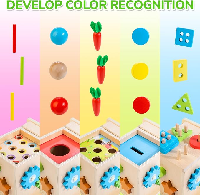 Wooden Montessori Toys for 1+ Year Old, 8-in-1 Toddler Learning Toy Set | Object Permanence Box, Ball Drop Coin Box, Carrot Harvest, Shape Sorting Toys, Gift for Baby Boys Girls Age 12+ Months