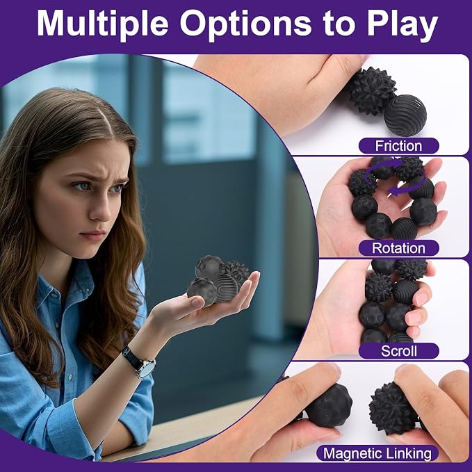 BUSOHA Silicone Magnetic Fidget Balls - 8 Pack Fidget Toys for Adult | Four Unique Textures Sensory Support,Quiet and Silent Stress Relief,Lightweight,Office,Travel,Anxiety,ADHD,Black