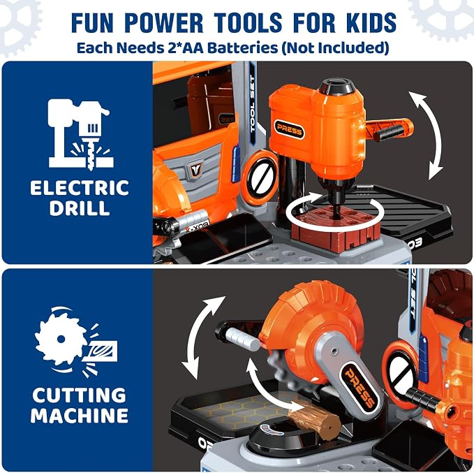 Kids Tool Bench with Electric Drill and Power Miter Saw, Construction Workbench Toys for Boys Age 3 4 5 6 7 8, Toddler Realistic Tools Table Playset, Tool Box Set, Christmas Birthday Gift for Kids 3-5