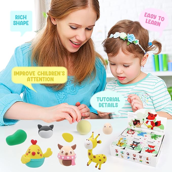 LOUFOR Air Dry Clay Kit -12 Animals Modeling Clay for Kids Arts and Crafts | Ultra Light & Soft,Safe & Non-Toxic,No-Sticky & Crack,DIY Molding Clay with Sculpting Tools,Party Favors Gifts for Girls Boys