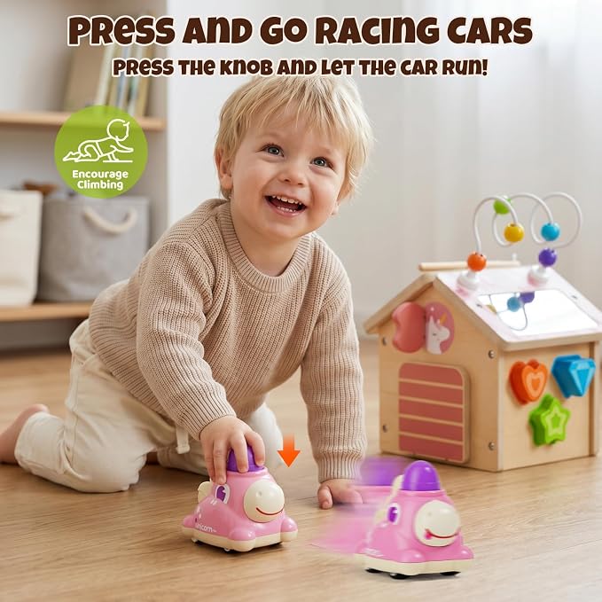 Wooden Activity Cube for Toddlers 1-3 with Press to Go Car Toy, Montessori Baby Educational Learning Toys for Kids, Multipurpose Infant Activity Center, for Girls Boys 1+ Year Old