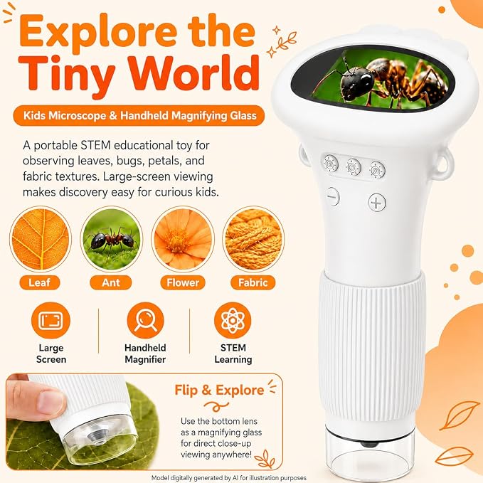 1000X Microscope for Kids, 2'' Screen Kids Wonder Quest Microscope Camera | , Digital Handheld Microscope, Educational Kids Magnifying Glass, Christmas Birthday Gifts for Age 3 4 5 6 7 8 9 10- White