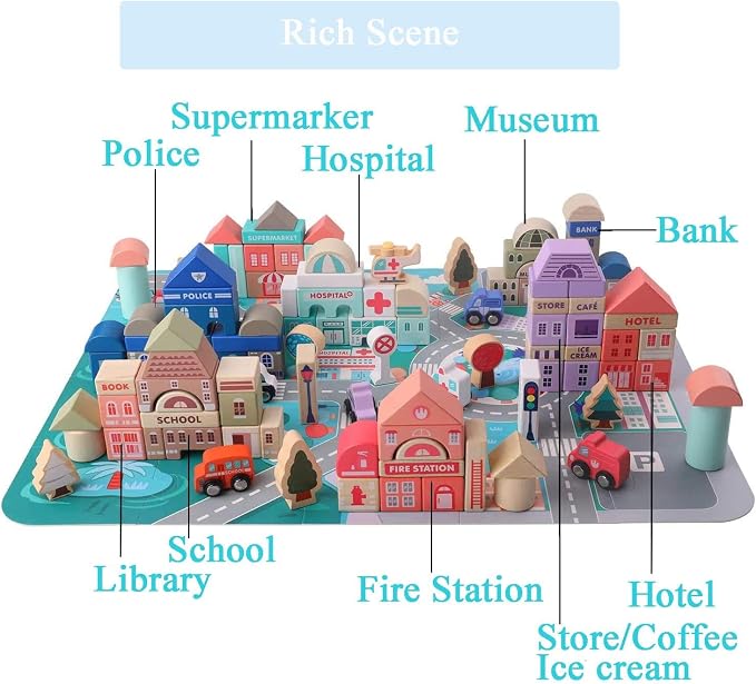 115 Pcs Wooden Building Blocks Toy Set for Kids, City Construction Stacker Stacking Preschool Learning Educational Toys Gifts for 3+ Boy Girl Toddler