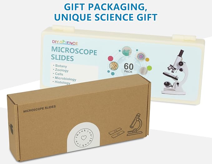 Microscope Slides with Specimens for Kids, 60 Lab-Grade Prepared Microscope Slides, Animal/Plant/Microbe/Tissue Samples, STEM Biology Kit for Homeschool, Classroom Labs & Science Education