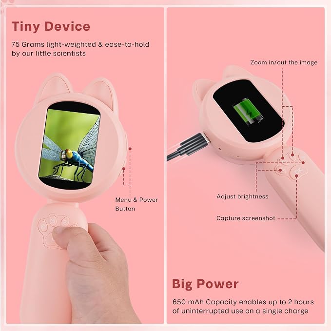 Mia Kids Microscope, Mini Digital Microscope for Kids with 2'' IPS Screen, Handheld Mini Scope Educational Science Toy Kit, Christmas/Birthday Gifts for Kids Aged 3-6,7-12 (Pink)