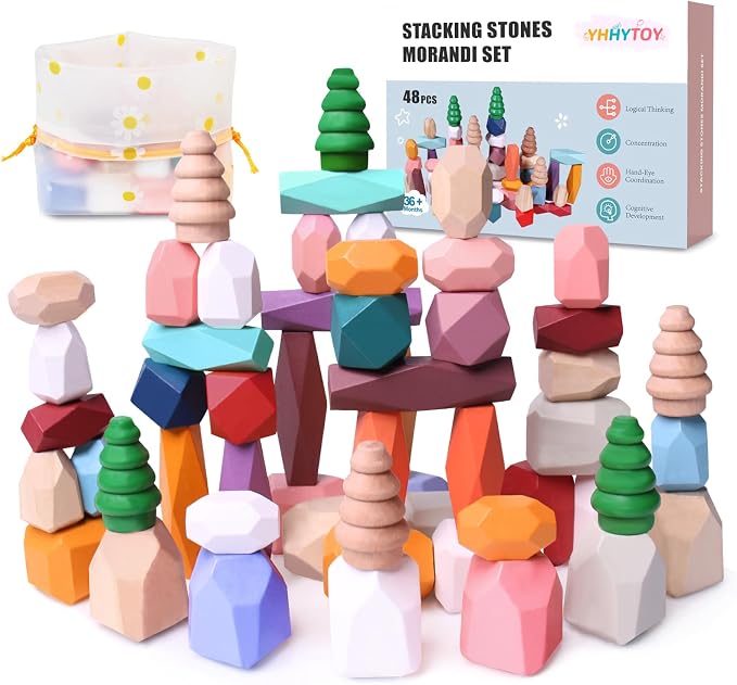 48 Pcs Wooden Stacking Rocks Building Blocks Montessori Toys for 3 Year Old | Blancing Stacking Stones Games Preschool Learning Activities Fine Motor Skills Toys, Birthday Gifts for 3 4 5 Year Old Kids