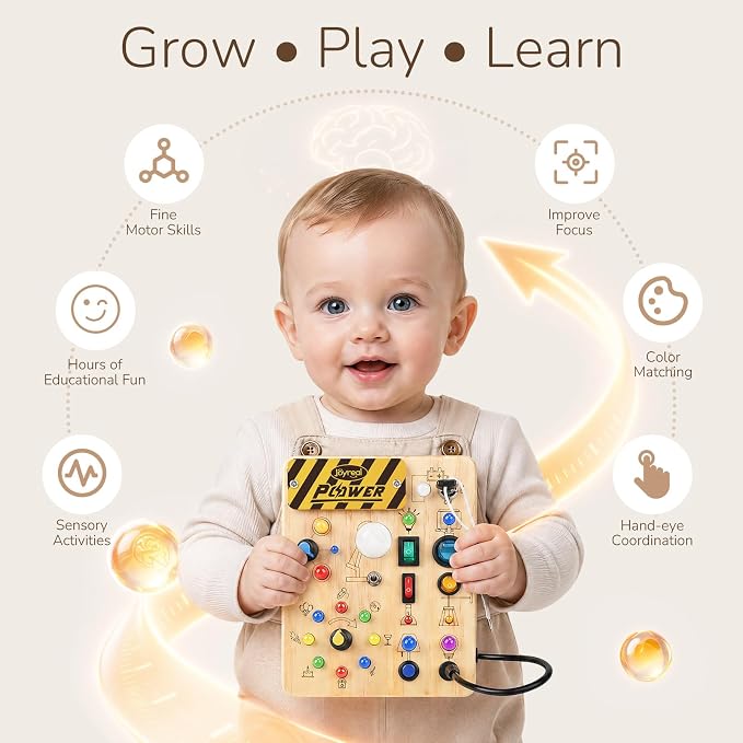 Joyreal Busy Board for Toddlers - Montessori Toys for 1 2 3 Year Old | Wooden Sensory Activity Board with 10 Switches & 19 Lights, Ideal Educational Travel Toy Gift for Boy & Girl Birthday